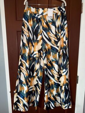 Floral Abstract Wide-Leg Pants - Mustard, Teal & Navy
